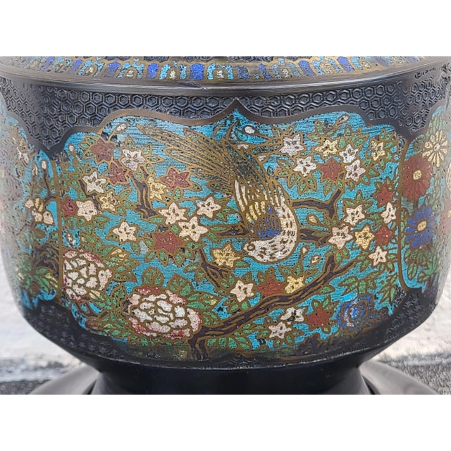 Bronze Vintage Japanese Champleve Bird and Flower Motif Two Handled Urn Style Table Lamp For Sale - Image 8 of 12