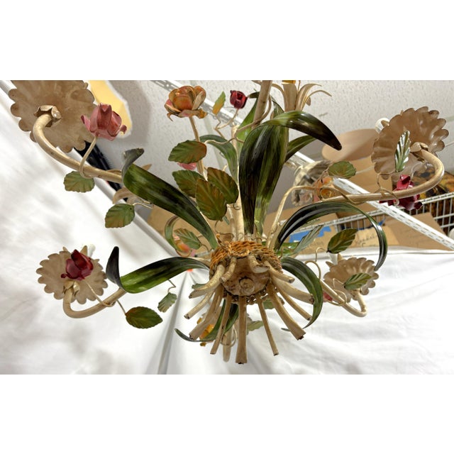Vintage Tole 6-Light Chandelier With Flower Motif and Honest Patina For Sale - Image 16 of 18
