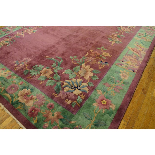 Early 20th Century 1920s Pink Rose Floral Antique Chinese Art Deco Rug 8'9" X 11'4" Handknotted Wool Carpet For Sale - Image 5 of 7