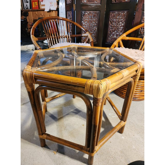 Set of Rattan Swivel Lounge Chairs and Glass Top Table. Circa 1970s For Sale - Image 4 of 4