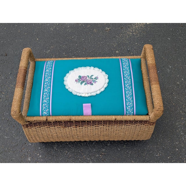 Crafted in the Mid 20th-century , this Bombay-style rattan bench features intricate diamond and stripe patterns woven...