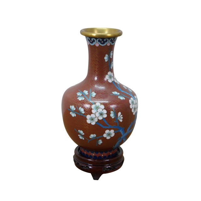 Chinoiserie Vintage Chinese Brass Cloisonne Enamel Cherry Blossom Bud Vase Urn 6" For Sale - Image 3 of 12