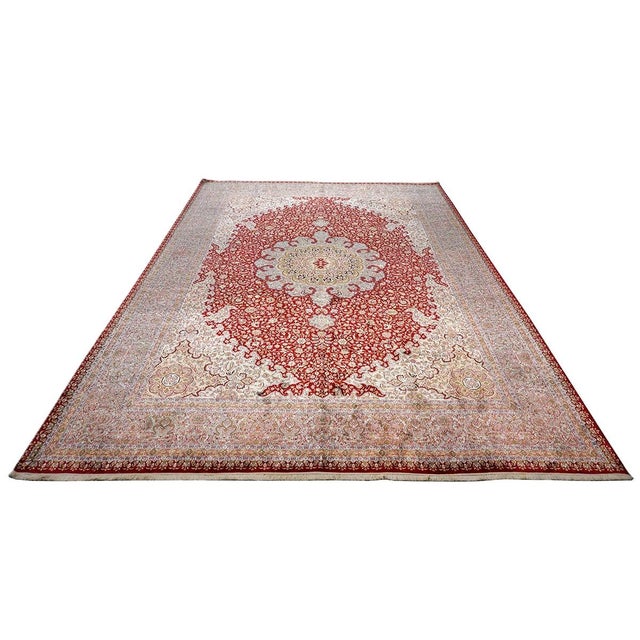 Vintage Kashmiri Tabriz Silk 9x12 Red, Ivory & Light Blue Handmade Area Rug #1144057 For Sale - Image 4 of 15
