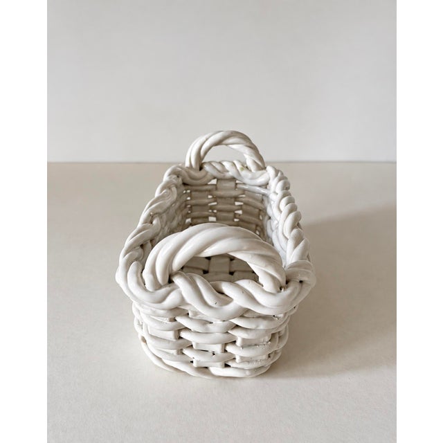 1980s White Ceramic Woven Lattice Rectangular Handled Cachepot or Basket For Sale - Image 4 of 11