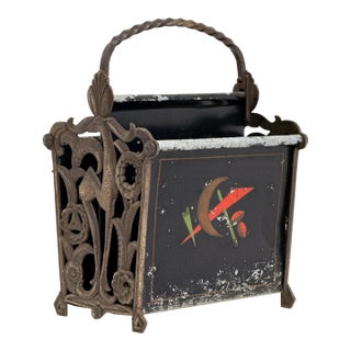 Antique 1920s Art Deco Magazine Rack W/ Constructivist Style Geometric Motif & Ornate Cast Iron Gazelle End Panels For Sale