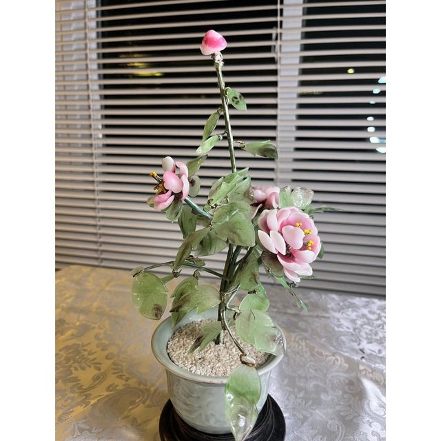 Large 12" Vintage Chinese Rose Quartz & Jade Peony Tree - Signed Celadon & Stand For Sale - Image 4 of 10