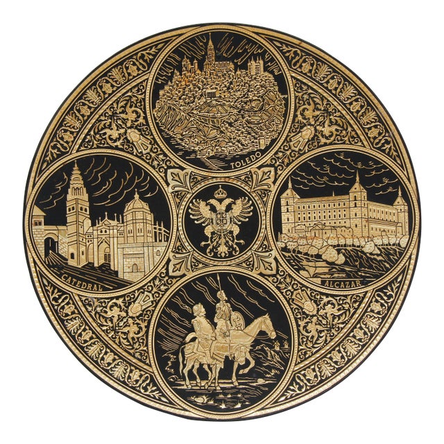 Vintage Toledo Damascene Plate 24k Gold Inlaid Steel Spain 7" European Decor For Sale