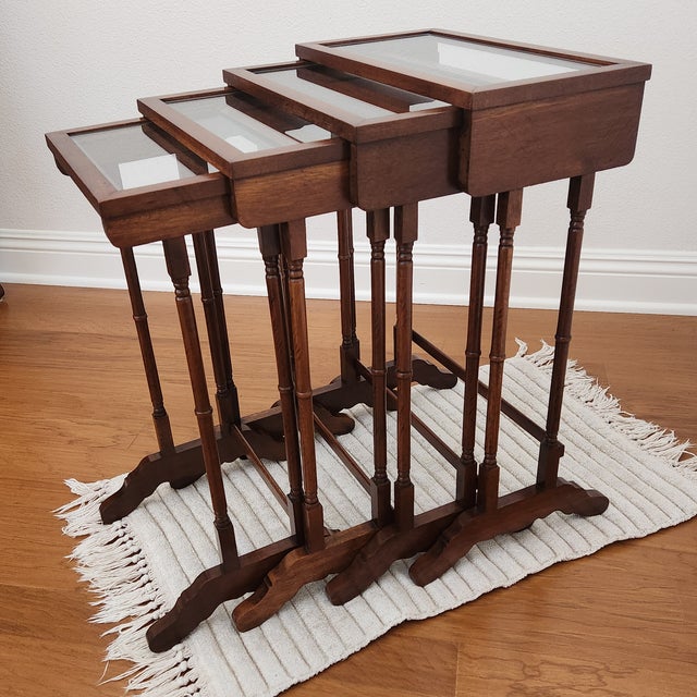 Vintage Brandt Furniture, Four Glass Top Nesting Tables (A Quartetto), Antique Mahogany Finish For Sale In Los Angeles - Image 6 of 16