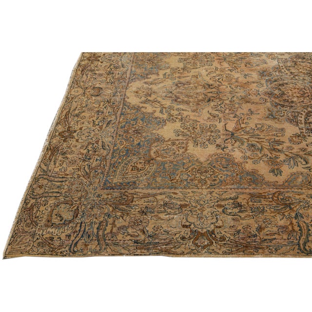 Antique Kerman Handmade Medallion Tan Wool Rug 7 X 10 For Sale - Image 9 of 10