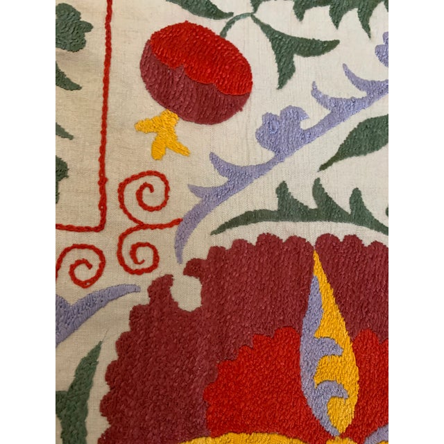 1980s Vintage Colorful Hand Embroidered Floral Pommagranite Suzani Textile Bukhara Uzbekistan For Sale - Image 5 of 13