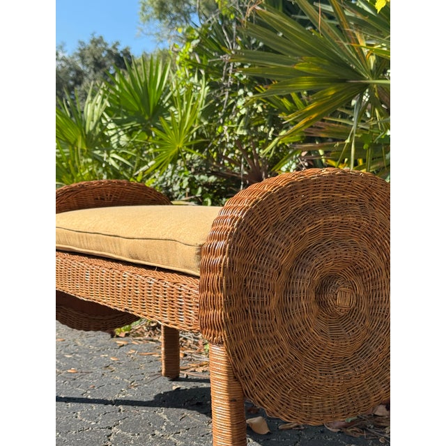 Coastal Vintage Wicker Bench | Coastal Rattan Barrel-Back Settee With Cushion For Sale - Image 3 of 10