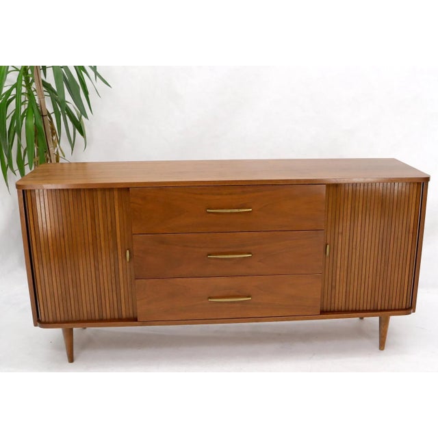 American Walnut Mid-Century Modern Tambour Doors Long Dresser Credenza For Sale - Image 11 of 13