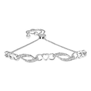 .925 Sterling Silver 1/10 Cttw Diamond Heart Link Adjustable Bolo Bracelet (I-J Color, I2-I3 Clarity) - 4 to 10 Inches For Sale