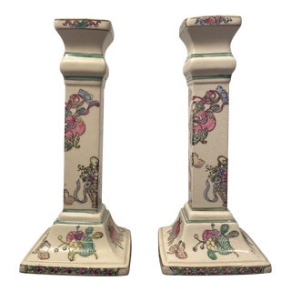 Vintage Chinoiserie Ceramic Candle Holders - a Pair For Sale