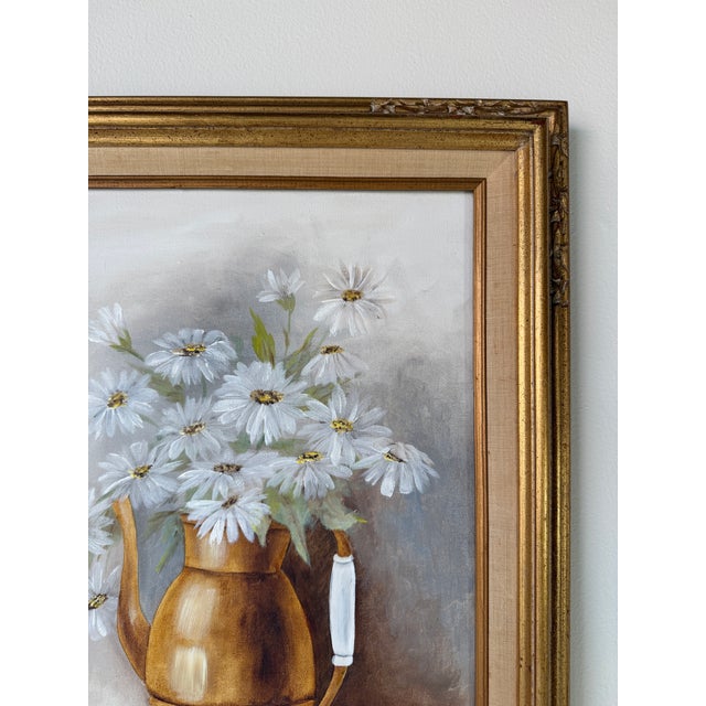 Wood 1981 Donna Kasten Still Life Daisies & Brass Pitcher Oil on Canvas Painting, Framed For Sale - Image 7 of 12