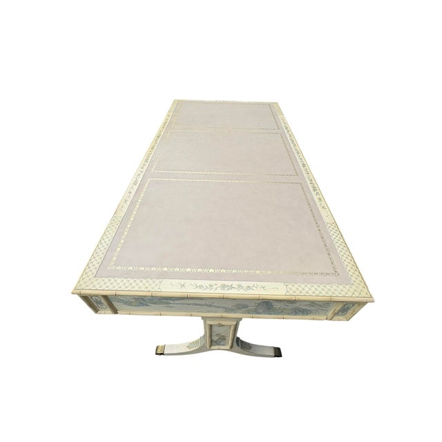 Late 20th Century Faux Bamboo Blue and Creme Toile De Joy Chinoiserie Large Leather Top Executive Desk For Sale - Image 5 of 12