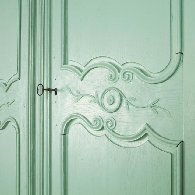 Antique French Soft Green Marriage Armoire For Sale - Image 4 of 11