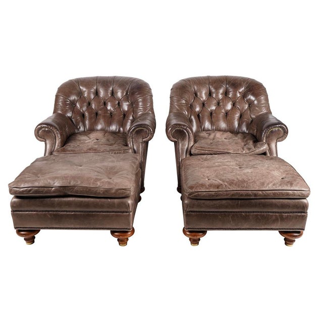 Vintage Baker Leather Lounge Chairs with Ottomans, 4 Pieces Chairish