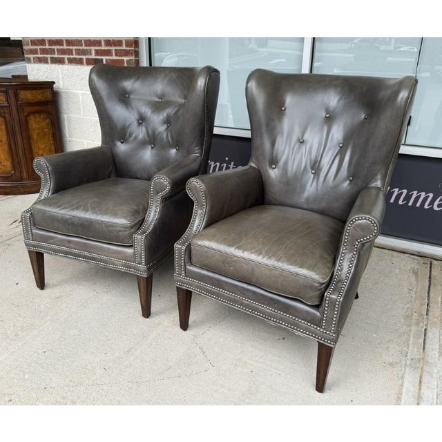 Contemporary Pair of Hooker Furniture Faux-Leather Army-Green/Gray Maya Chairs For Sale - Image 3 of 18