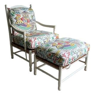 Vintage Coastal Palm Beach Lounge Chair & Ottoman in Custom Tropical Upholstery For Sale