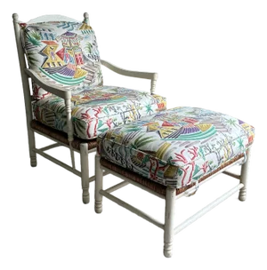 Vintage Coastal Palm Beach Lounge Chair & Ottoman in Custom Tropical Upholstery