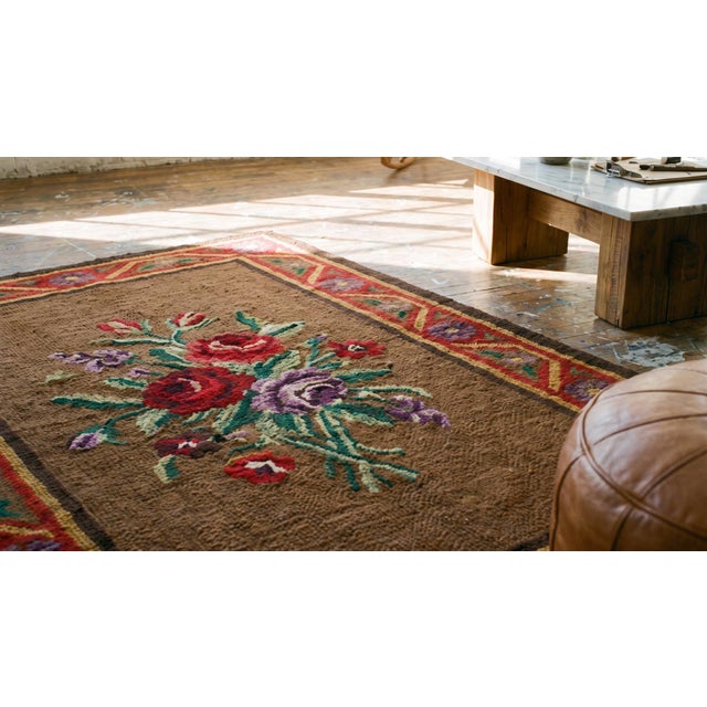 Significant Brown Chocolate Color With Special Floral Design Antique American Hooked Rug For Sale - Image 13 of 15