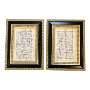 Contemporary 2 Wayne Cunningham Abstract Ink Drawings Signed and Framed - a Pair