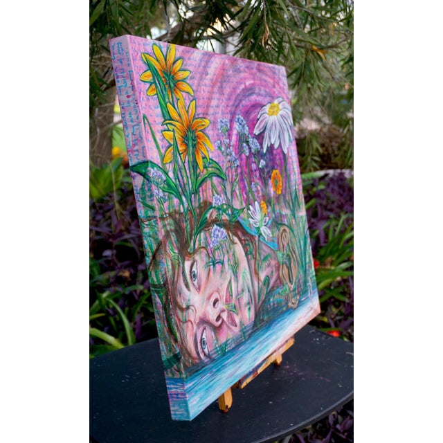 In A World Of My Own by Amanda Seckington | Acrylic on canvas woman surrounded by flowers and foliage For Sale - Image 4 of 4