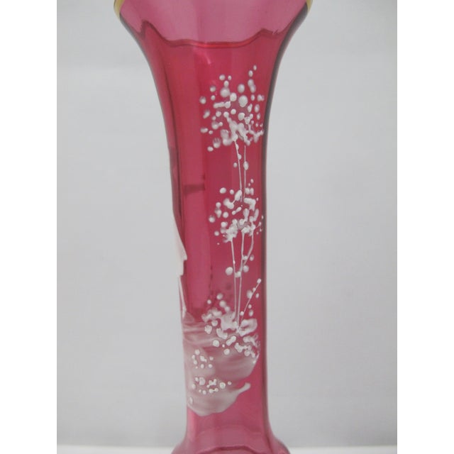 Glass Mary Gregory Czech Red Glass Painted Enamel Boy With Bird Skinny Bud Vase For Sale - Image 7 of 10