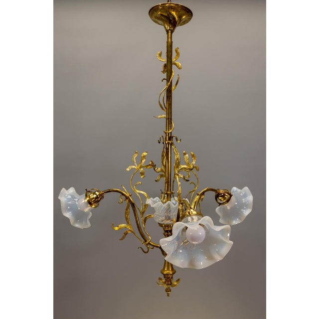 French Art Nouveau Opalescent Glass & Bronze Floral Chandelier, 1920 For Sale - Image 10 of 18