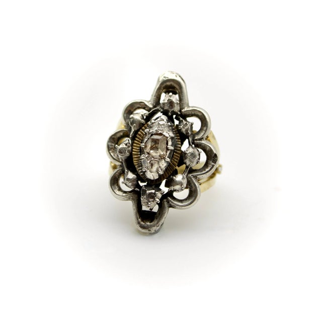 Modern 1920s Georgian Revival 14k Gold and Sterling Silver Ring With Diamonds, Size 7 For Sale - Image 3 of 8