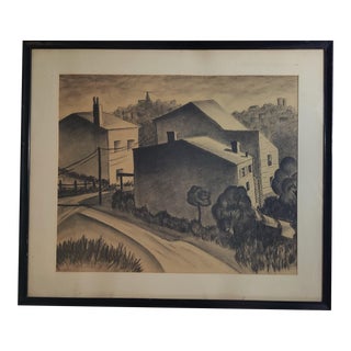 Vintage Graphite Pencil Drawing of Cincinnati Ohio, Framed For Sale