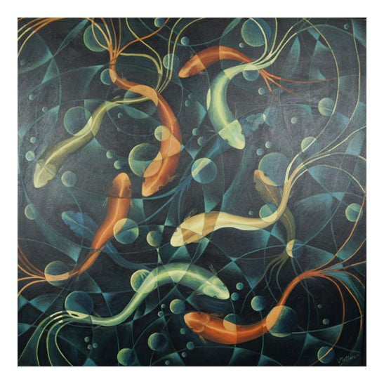 Vera Jefferson, Swimming Koi, Oil on Canvas For Sale