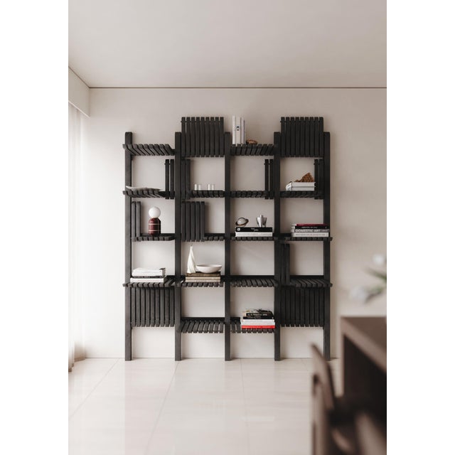 Black Modern Shelving System Handcrafted Black Stained Wood on the Steel Frame Modular Shelves 1500 Mm For Sale - Image 8 of 17