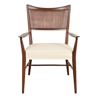 Paul McCobb Irwin Collection Mid-Century Modern Sculpted Walnut Cane Back Armchair, Newly Refinished For Sale