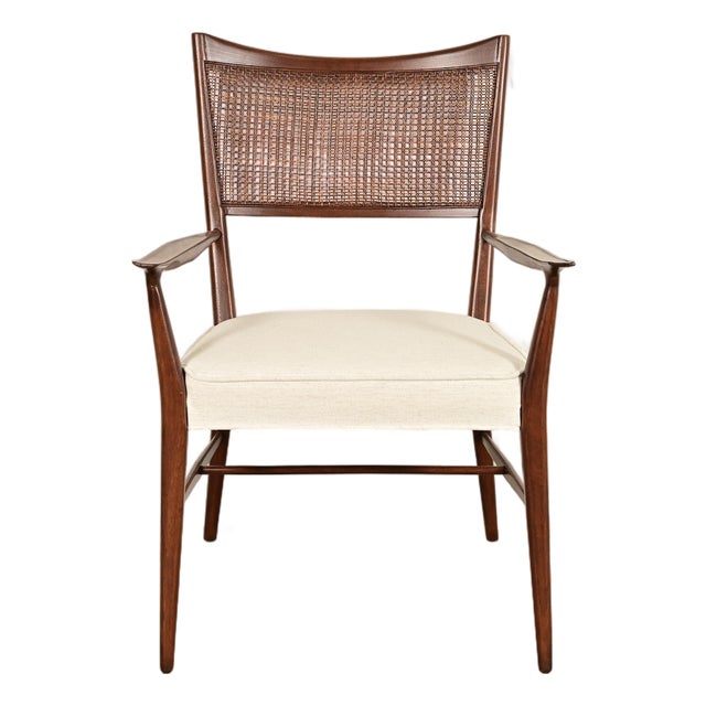Paul McCobb Irwin Collection Mid-Century Modern Sculpted Walnut Cane Back Armchair, Newly Refinished For Sale