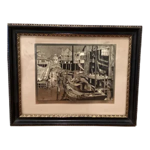 Mid 20th Century Vintage Lionel Barrymore Nautical Motif Gold Foil Print, Framed
