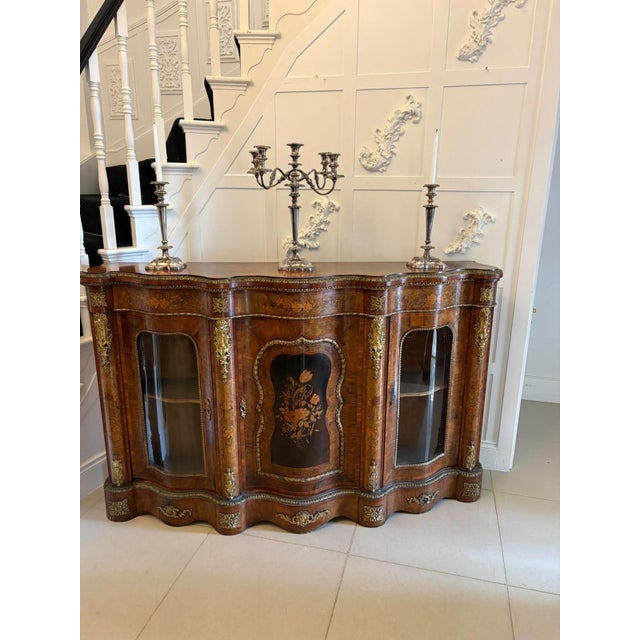 19th Century Antique Victorian Burr Walnut Marquetry Serpentine Credenza, 1850 For Sale - Image 5 of 18
