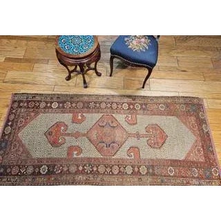 Antique Persian Malayer Rug, Handwoven Geometric Pattern, Camelhair & Burgundy, 3’ X 7’ For Sale - Image 4 of 12