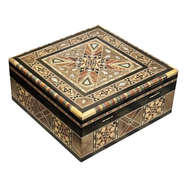 1980s Marquetry Wood Inlaid Jewelry Box For Sale