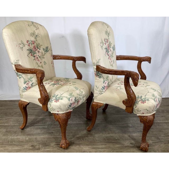 Mid-Century Weiman Furniture Carved Mahogany Georgian Style Figural Lounge Chairs - A Pair For Sale - Image 9 of 12