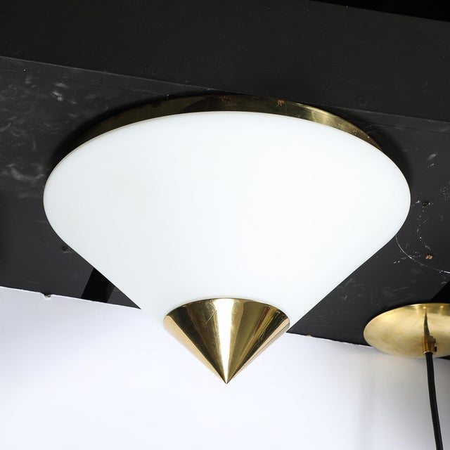 Mid-Century Frosted Glass Conical Flush-Mounts W/ Brass Fittings by Limburg For Sale In New York - Image 6 of 14