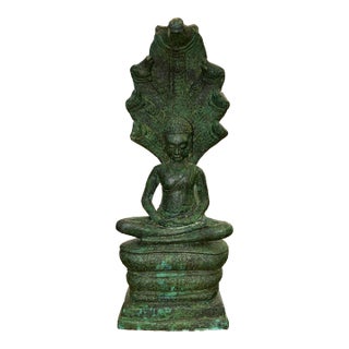 Khmer Bronze Naga Enthroned Buddha, 13th Century, Bayon Period For Sale