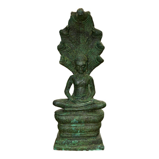 Khmer Bronze Naga Enthroned Buddha, 13th Century, Bayon Period For Sale