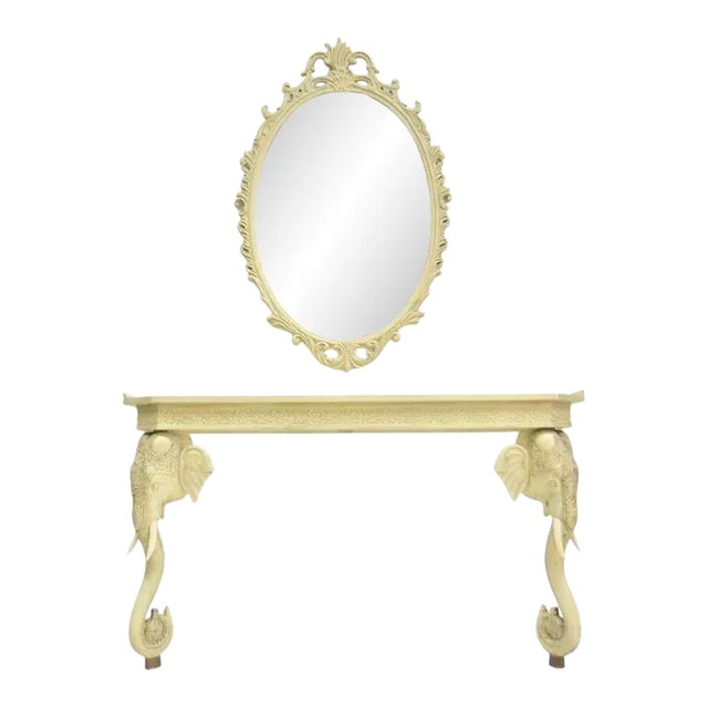 Painted and Carved Elephant Console & Mirror Set For Sale