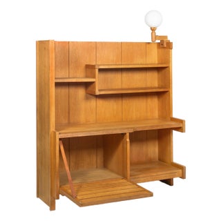 French Modernist Oak Bar Cabinet Bookshelf by Guillerme and Chambron For Sale