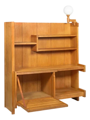 French Modernist Oak Bar Cabinet Bookshelf by Guillerme and Chambron