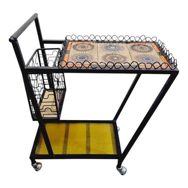 Vintage Mid-Century Wrought Iron Bar Cart with Ceramic Tile Top, 1960s For Sale