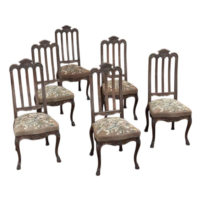 Set of 6 Antique Country French Liègeois Hand Carved Oak Dining Chairs With Needlepoint Tapestry For Sale