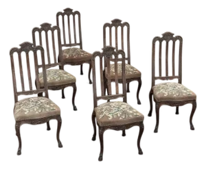 Set of 6 Antique Country French Liègeois Hand Carved Oak Dining Chairs With Needlepoint Tapestry
